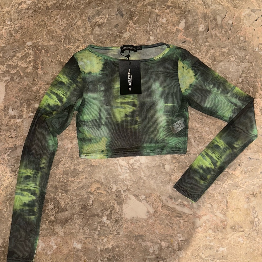 Green Tie-Dye Mesh Long Sleeve Crop Top